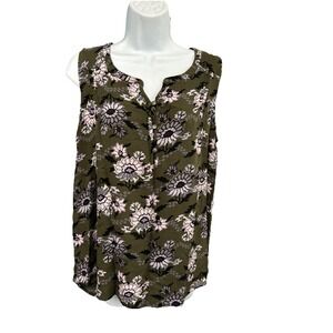 Sonoma Women's Large Green Floral Shell Top‎ 1/4 Button Pleats Fairy Coquette